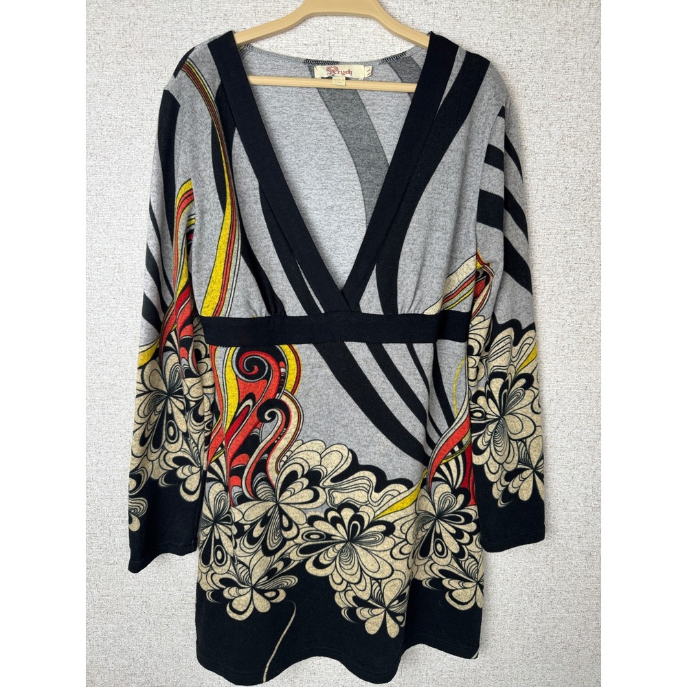 Aryeh Y2K 2000s Retro Psychedelic Floral Babydoll Tunic Mini Dress Size L Gray
